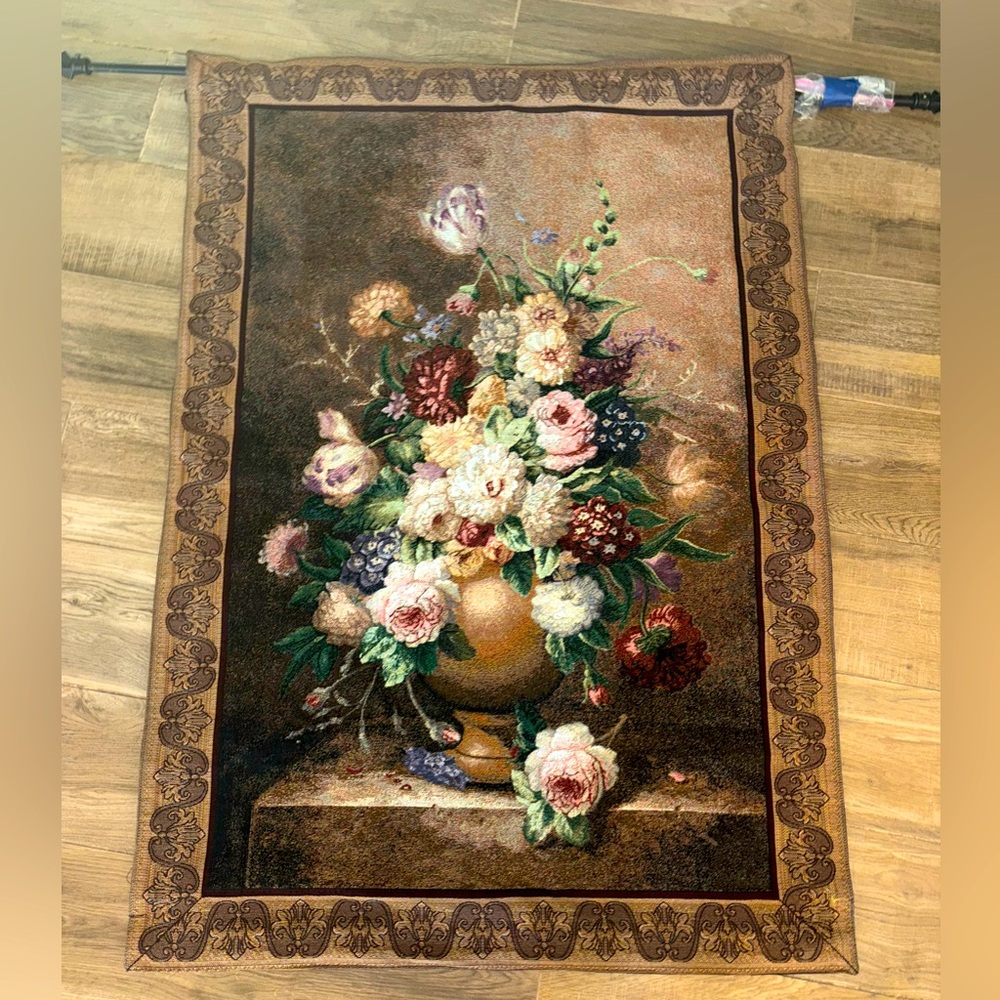 Vintage Mohawk Floral Tapestry Wall Hanging with Brown Border 38in x 54in.